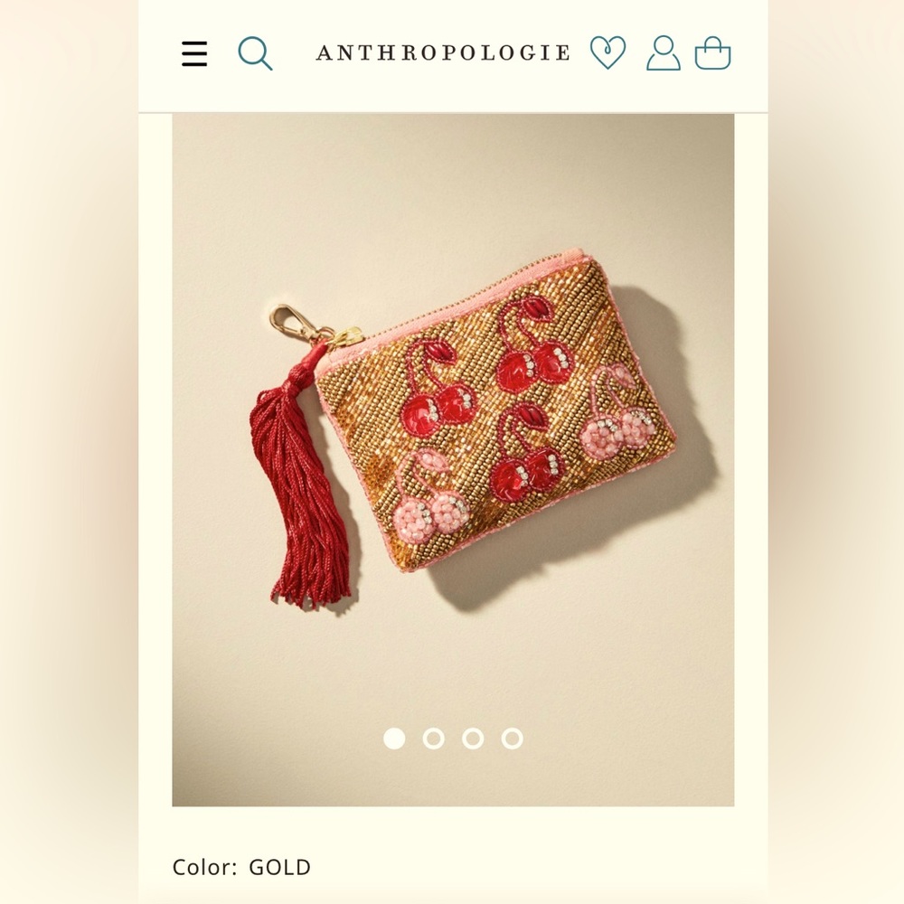 NWT Anthropologie icon coin purse pouch wallet , beaded / beads , gold, cherry